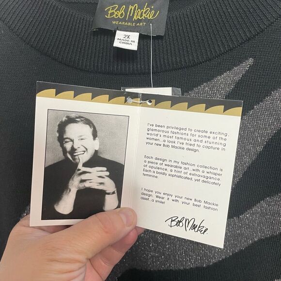 Bob Mackie Wearable Art Grey Metallic Zebra Striped Black Sweater Blouse 2X- New - Picture 6 of 7